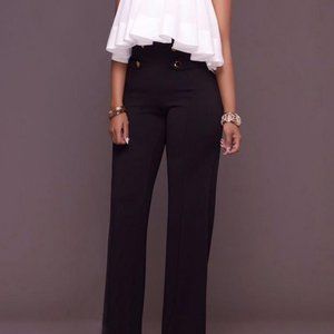 Buttoned High Waist Wide Leg Tailored Pants